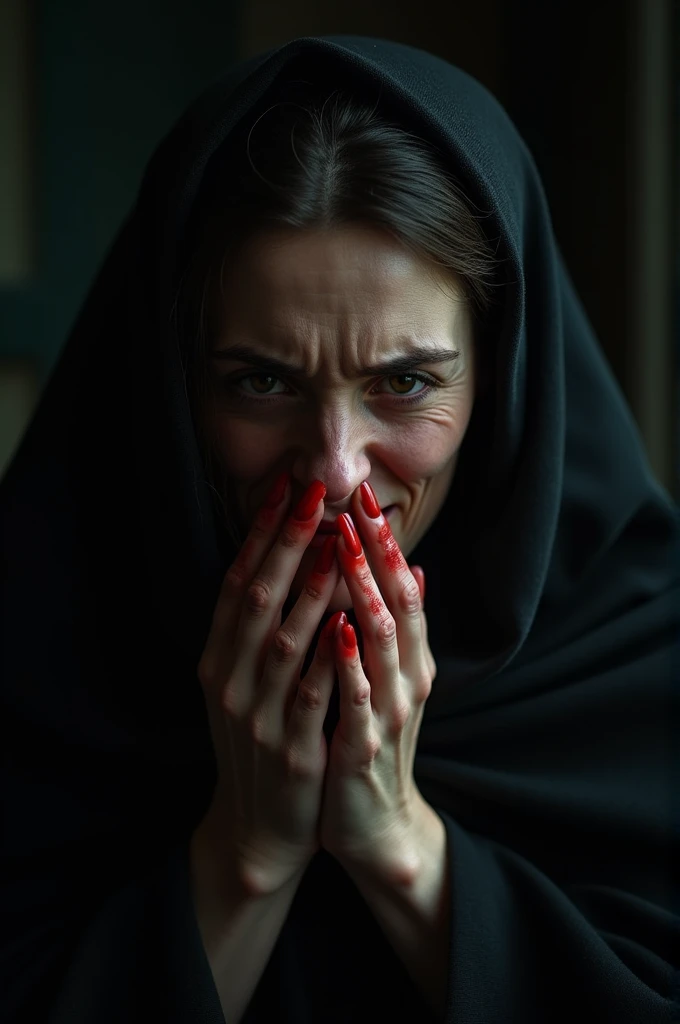 The cover of a book.
A face of a person making a silence sign with his hands covered in blood.
But you will only see it from the nose down..