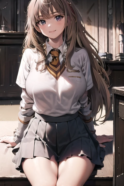 masterpiece,   High Quality  ,  dynamic angle,  9yo,   1 girl, , Alone,
  Hermione Granger ,
   school uniform,(Hogwarts uniform)、 gray uniform 、 mini skirt、  big breasts at the temple 、Big Breasts、front view
High definition beautiful face and eyes ,  beautiful skin , Look forward、  shining sunlight  、 sitting