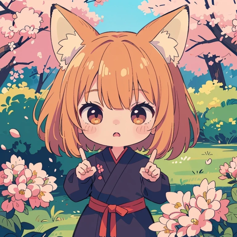  ((( masterpiece,original,  Virtual Idol ,  anime style, The personification of a fox, Chibi character, Ninja, Ninjaの額の防具:1.3))), 8k,  (((Best Quality))), ((Super detailed)), ((((Realistic)))),  Photo Real:1.37, (超Realistic), (Awareness-raising), ( Hi-Res), ( several people having fun with each other while having very detailed ), (The best ), (Super detailed), (wall), (  detail face ), (Beautiful expression), ((詳細 Best Qualityのスキン:1.2)), ((Reddish flush)), (Super detailedな背景,  detailed background ), At a park where cherry blossoms are in full bloom , ((Be careful when drawing your fingers :1.2))