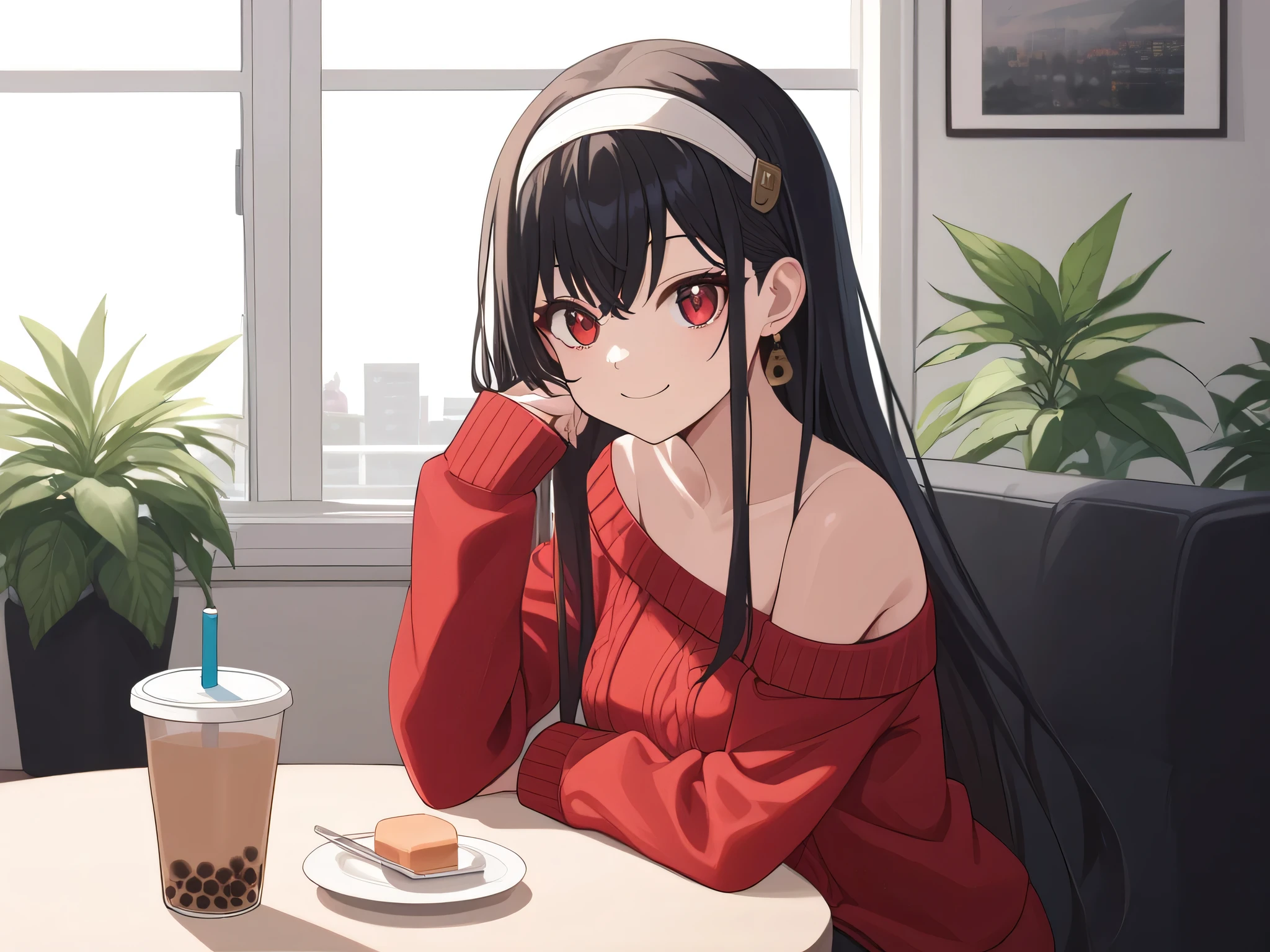 score_9, score_8_up, score_7_up, score_6_up, score_5_up, score_4_up, BREAK source_anime, 1girl, solo,
 ChopioYor, black hair, red eyes, gold earrings, looking at viewer,
long hair, straight hair, white hairband,
medium breasts, (thick thighs:0.6), 
outfit_2, bare shoulders, collarbone, red sweater, sweater dress, long sleeves, sleeves past wrists, off-shoulder sweater, black leggings,
cafe, window, potted plant, table, bubble tea, head rest,
sitting, smile,