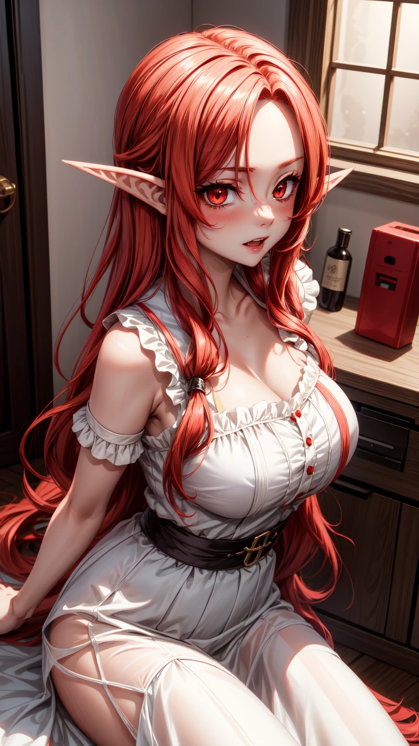 (masterpiece, high resolution,ultra - detailed:1.0),1 girl,Young and beautiful woman, ((freckles)), long elf ears, eyes looking away from camera, ((grinning)), Perfect female body, (upper body), (medieval room), Extremely detailed CG,Unity 8k wallpaper,Complicated details, solo person, (red eyes), diamond shaped eyes, medium hair length, (orange hair), ((sexy red and white one_piece lingerie)), short maid apron, bare_shoulders, NSFW, diaphanous outfit, exposed breasts, cleavage, (hands behind back), cameltoe, happy, marble castle walls,(desert design),Portrait,color difference, Depth of field,dramatic light, Ray tracing, Best quality, Cinematic lighting, official art,