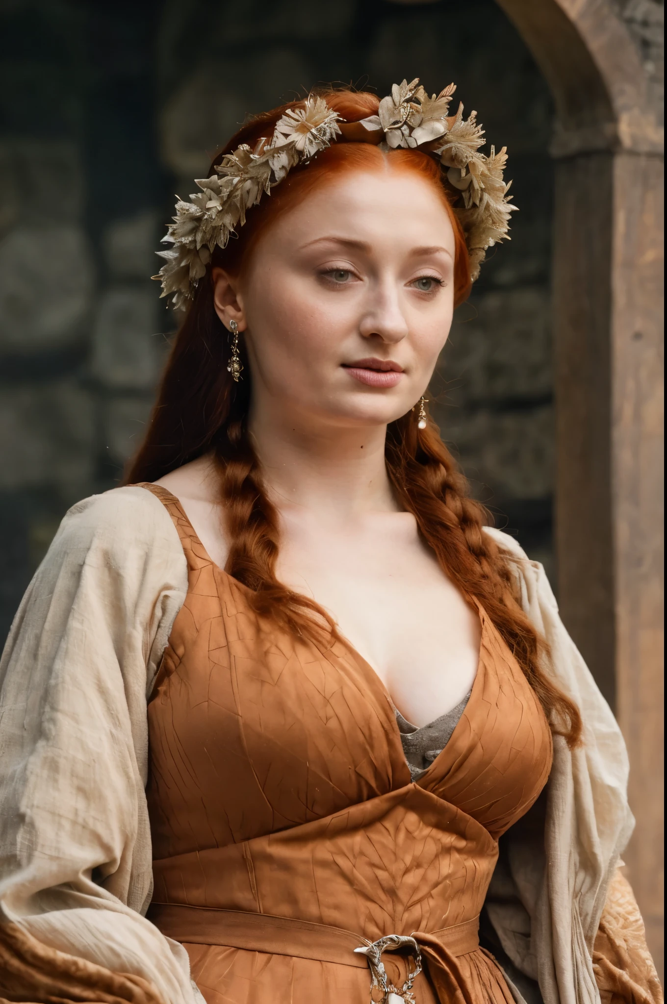 Face of Sophie Turner, Portrait of Sansa Stark, Sansa Stark played by Sophie Turner, the de facto Lady of the Eyrie, is a 60-year-old mature queen with a stunning, alluring appearance, mommy figure, wide body, heavy figure, fleshy bulky figure, Full Face, Full figured woman, pierced eyes, reddish lips, upper body shot, erotic Mediaeval costumes, game of thrones costumes, She wears a Game of Thrones-inspired costume and has a deep cleavage, a perfect thick body, and a perfect thick figure. The photograph captures her in a close-up, with her skin texture and facial features being ultra-realistic and realistic. Juicy thick figure, Sansa's breast is now heavier and saggy as she is aged mature lady now, high quality skin, Skin pores, amazing details, snow, snow flakes, semi realistic, extremely detailed eyes, dark moody orange and black settings, cool environment, artificial intelligence, high quality skin, insane details, veins visible slightly, mole on the breast, freckles 0.1, wrinkles 0.1, queen mother, game of thrones like background settings, her skin has a naturally rough texture with pores and fine lines, aged mature beauty, queen mommy, alluring juicy figure, jiggly breast, sexy thick arms, mother queen, mom figure, yummy mummy, veins on body visible, Moles on her breast visible, fair skin tone, jaw-dropping details, visible pores, detailed textured skin, vellus hair,