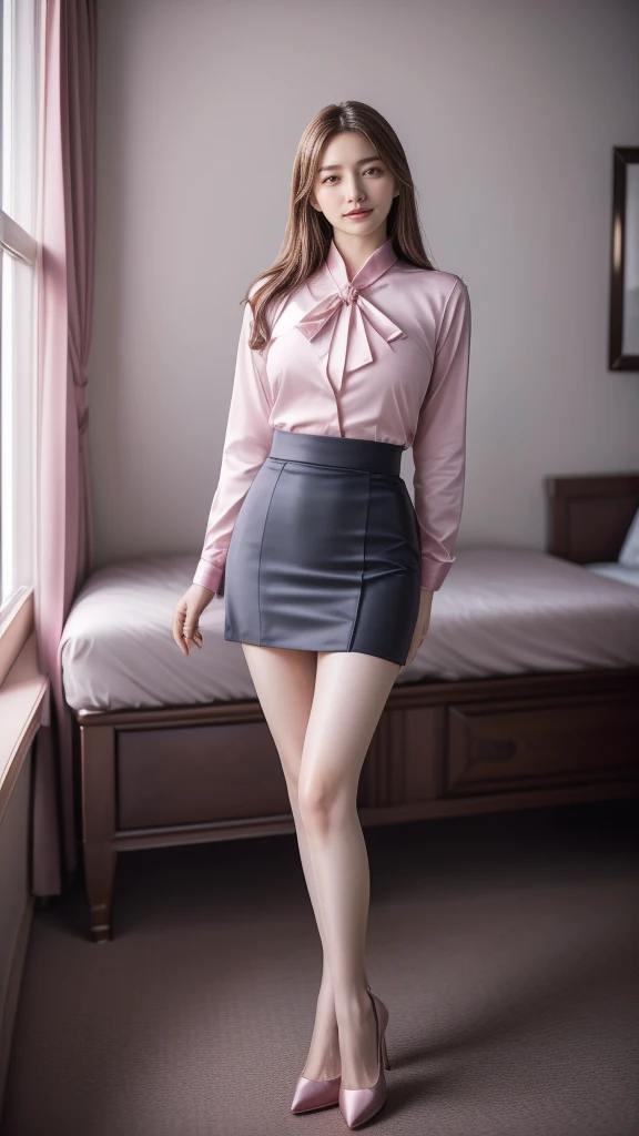 (full body shot:1.5), (Masterpiece:1.1), standing position, 1girl, solo girl, 20 year old girl, ultra realistic face, hyperrealistic, hyperdetailed, (looking at viewers), sharpen, detailed face, detailed eyes, detailed lips, red lips, beautiful face, 16k, FHD, raw photo, cute face mesh, pretty face mesh, girl in luxury office, beautiful hair style, hair tied, (((elegant satin shirt), (gradient color), up and down pleated, embroidery luxury skirt, skirt with full sleeve, down pleated skirt, thighs garter belt)), intricate, extremely detailed, (perfect boobs, long areola, perky boobs, close cleavage), scattering surface, ultra realistic texture, smooth skin, realistic face, red lip, glow face, very_high_resolution, perfect figure beautiful curved body, fit body, (elegant high heel), club hair ornament,