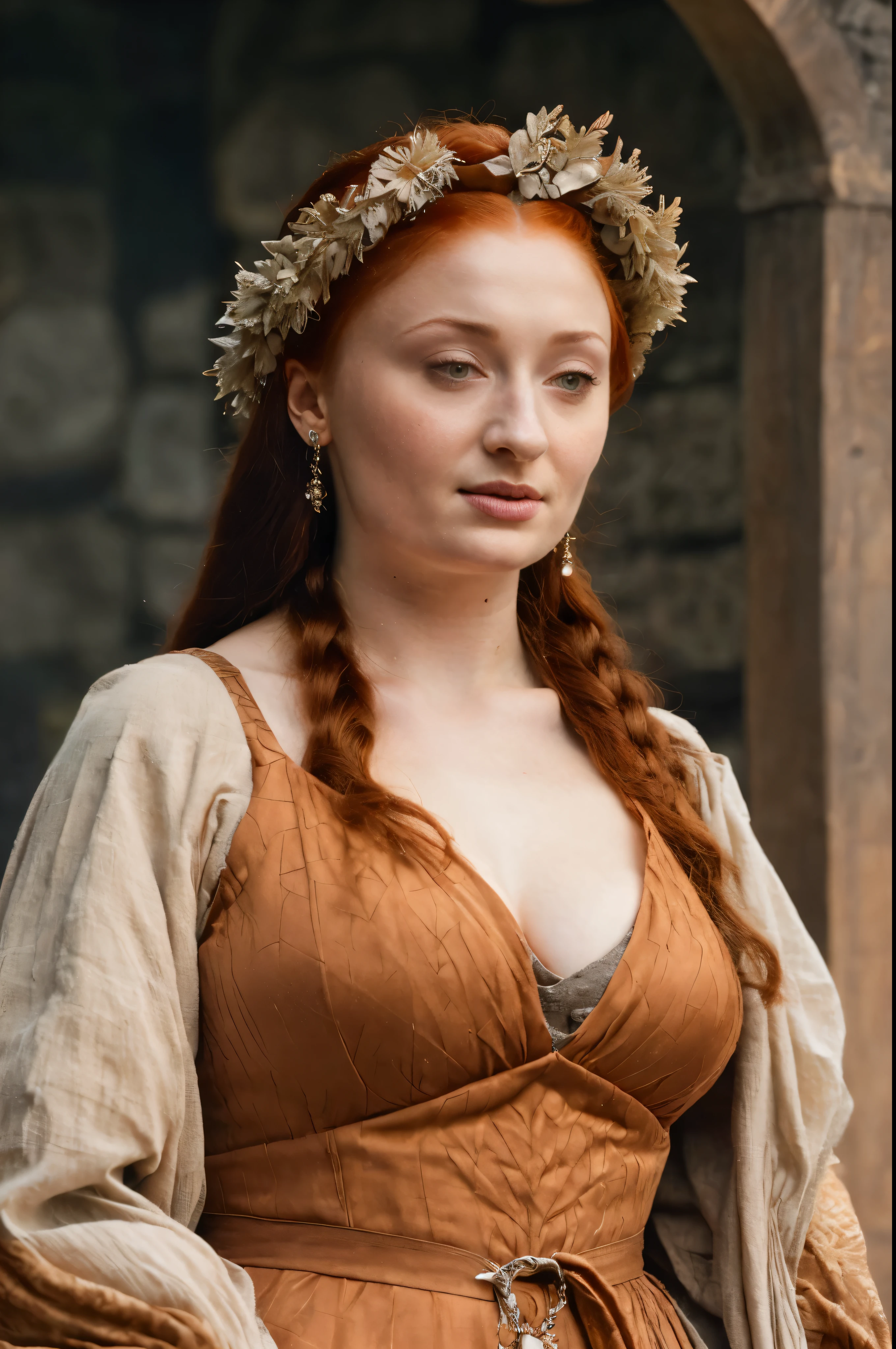 Face of Sophie Turner, Portrait of Sansa Stark, Sansa Stark played by Sophie Turner, the de facto Lady of the Eyrie, is a 60-year-old mature queen with a stunning, alluring appearance, mommy figure, wide body, heavy figure, fleshy bulky figure, Full Face, Full figured woman, pierced eyes, reddish lips, upper body shot, erotic Mediaeval costumes, game of thrones costumes, She wears a Game of Thrones-inspired costume and has a deep cleavage, a perfect thick body, and a perfect thick figure. The photograph captures her in a close-up, with her skin texture and facial features being ultra-realistic and realistic. Juicy thick figure, Sansa's breast is now heavier and saggy as she is aged mature lady now, high quality skin, Skin pores, amazing details, snow, snow flakes, semi realistic, extremely detailed eyes, dark moody orange and black settings, cool environment, artificial intelligence, high quality skin, insane details, veins visible slightly, mole on the breast, freckles 0.1, wrinkles 0.1, queen mother, game of thrones like background settings, her skin has a naturally rough texture with pores and fine lines, aged mature beauty, queen mommy, alluring juicy figure, jiggly breast, sexy thick arms, mother queen, mom figure, yummy mummy, veins on body visible, Moles on her breast visible, fair skin tone, jaw-dropping details, visible pores, detailed textured skin, vellus hair,