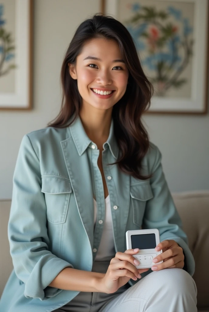 there  a woman holding a cell phone and smiling, this person does not exist, a young asian woman, japanese, xision wu-louise zhang-hong chau-shirley maclaine-amber portwood-laurie hernandez-stephanie scott merged, entire body visible