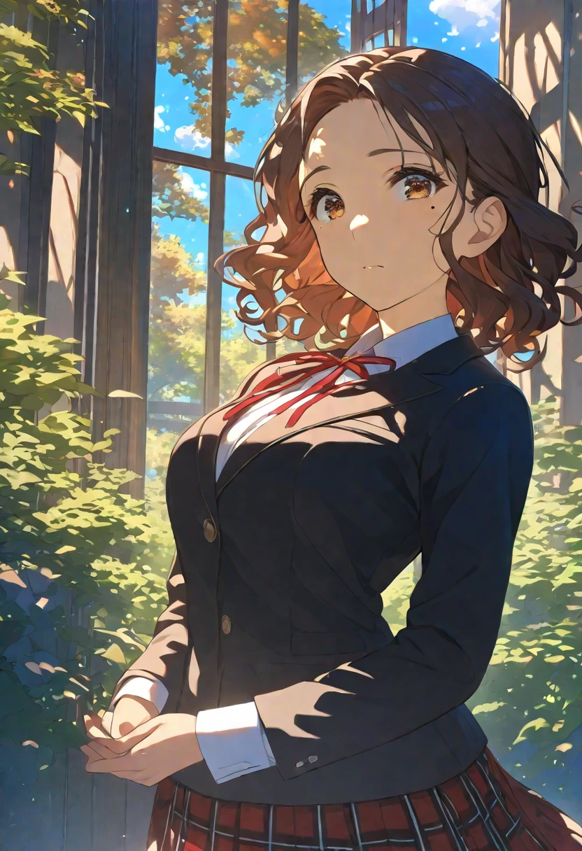 Masterpiece, hdr, bloom, 4k, Anime-style illustration featuring a beautiful female student, short hair, dark brown hair, eyebrows hidden by hair, wavy hair, mole, mole under eye, brown eyes, minigirl, soft expression with large, slightly downturned eyes, giving her a calming and approachable aura, large breast, She is wearing a formal school uniform consisting of a black blazer, white shirt, red neck ribbon, red plaid skirt, and black pantyhose. reflecting her reserved but comforting personality, The background is a serene school courtyard during a sunny day, with trees, a blue sky, and soft sunlight filtering through, creating a peaceful and bright atmosphere. The style is detailed and vibrant, evoking a classic anime scene, cowboy shot, looking at viewer