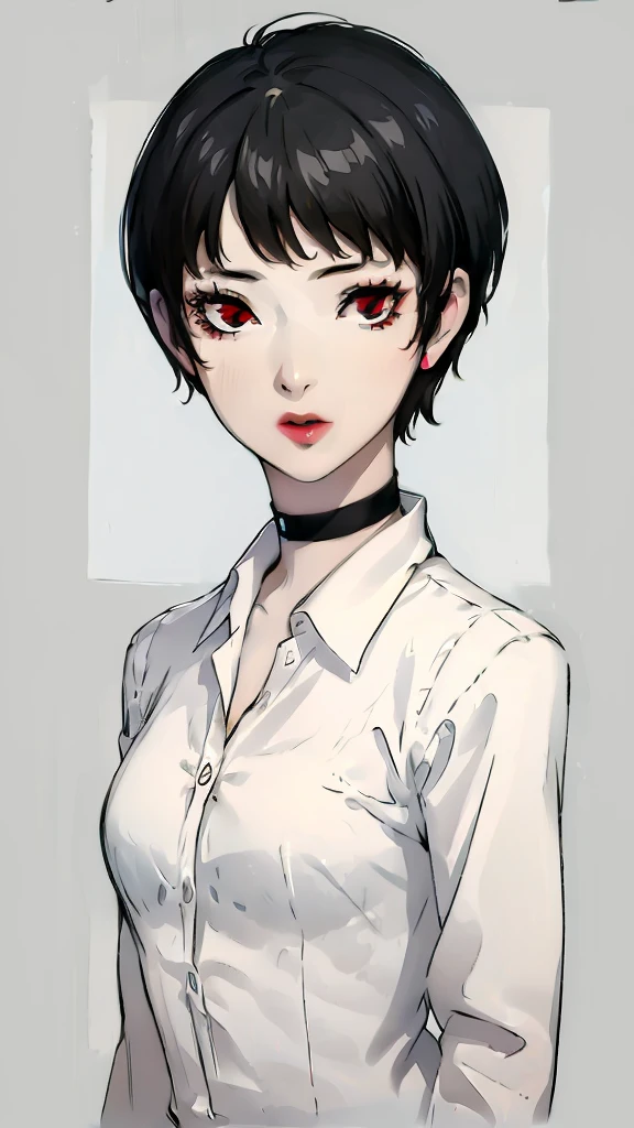 1 girl, very Short hair, tomboy Pixie haircut, black hair, red eyes, black lipstick, black lipstick, face portrait, black choker, white shirt , front face, front face, face portrait, bangs,