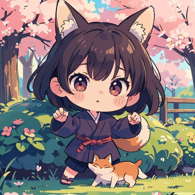  ((( masterpiece,original,  Virtual Idol ,  anime style, The personification of a fox, Chibi character, Ninja, Ninjaの額の鉢巻きと手裏剣:1.3))), 8k,  (((Best Quality))), ((Super detailed)), ((((Realistic)))),  Photo Real:1.37, (超Realistic), (Awareness-raising), ( Hi-Res), ( several people having fun with each other while having very detailed ), (The best ), (Super detailed), (wall), (  detail face ), (Beautiful expression), ((詳細 Best Qualityのスキン:1.2)), ((Reddish flush)), (Super detailedな背景,  detailed background ), At a park where cherry blossoms are in full bloom , ((Be careful when drawing your fingers :1.2))