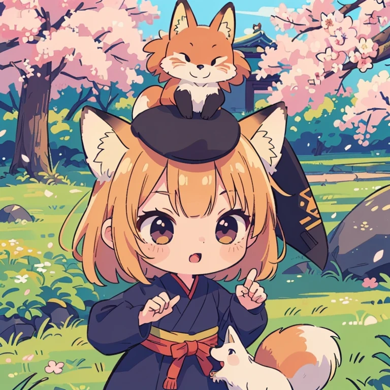  ((( masterpiece,original,  Virtual Idol ,  anime style, The personification of a fox, Chibi character, Ninja, Ninjaの額の鉢巻き, Shuriken:1.3))), 8k,  (((Best Quality))), ((Super detailed)), ((((Realistic)))),  Photo Real:1.37, (超Realistic), (Awareness-raising), ( Hi-Res), ( several people having fun with each other while having very detailed ), (The best ), (Super detailed), (wall), (  detail face ), (Beautiful expression), ((詳細 Best Qualityのスキン:1.2)), ((Reddish flush)), (Super detailedな背景,  detailed background ), At a park where cherry blossoms are in full bloom , ((Be careful when drawing your fingers :1.2))