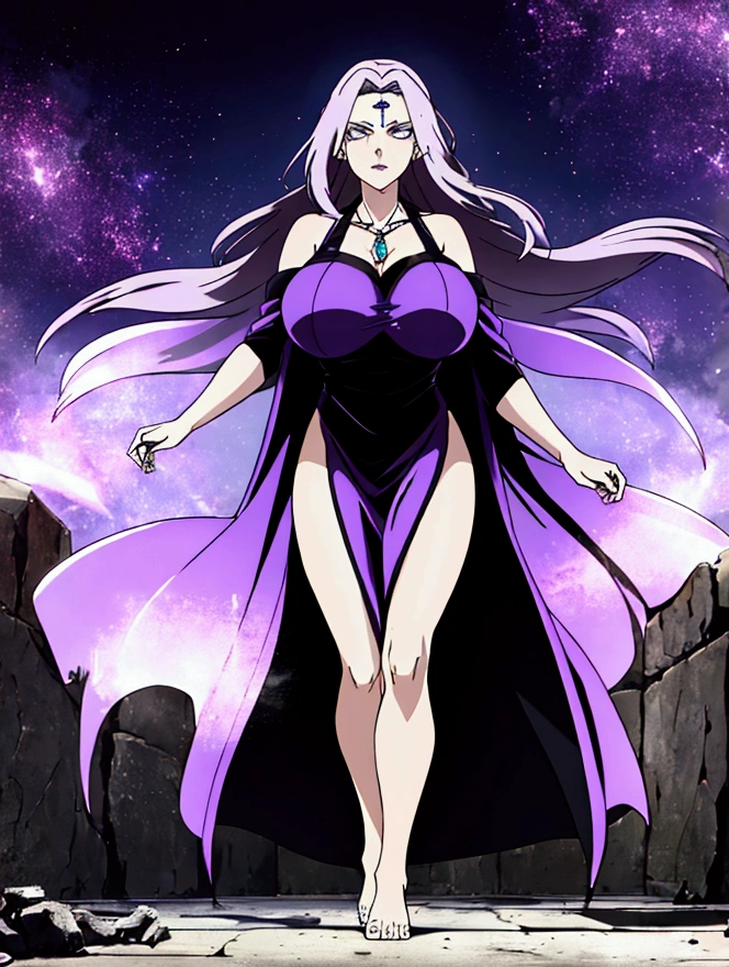 a mature villainous woman, (40 years old), (huge breasts: 1.1), Greek goddess, beautiful face, long straight purple hair that falls on her shoulders. and apart from her chest, a long Greek-style dress in blue and lavender tones with a fluid design that falls to the floor and has an opening in the leg. On the right, which exposes part of her leg, she wears a type of diadem or accessory on her head, which looks old-fashioned and could be made of metal or jewelry. while on her neck she wears a simple necklace, walking barefoot in the middle of a desolate city, with a powerful and threatening expression, dark and mystical in appearance. His eyes and hands emit a bright purple energy, surrounded by rays and sparkles that seem to flow from his body, creating an electrifying atmosphere around him. The ground beneath his feet is cracked, as if his energy is causing destruction in its wake. On his chest, a luminous symbol emits a glow similar to that of his hands and eyes, suggesting that it is the source of his power. The full moon and dark clouds in the sky add an apocalyptic feel to the scene, heightening the sense that she is a powerful, supernatural figure, capable of causing chaos and destruction. high resolution, better quality