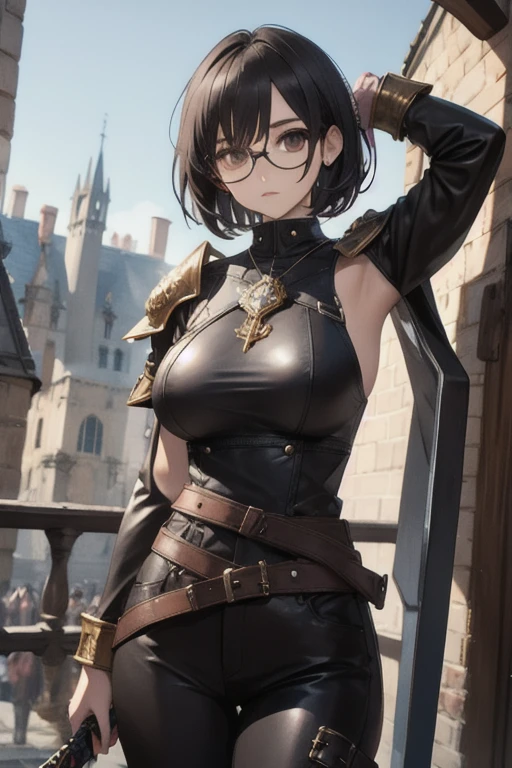 girl,  short black hair , wearing glasses,  brown leather top ,  brown leather pants, boots,  Big breasts ,  medieval scenery ,  metal shoulder pads ,  leather strap , sword at the waist (At the hem ), dagger at the waist, bracelete de metal., emblem.