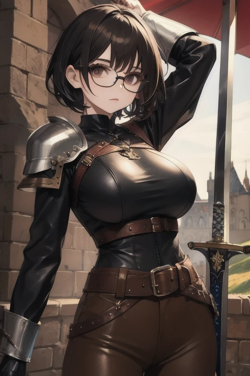 girl,  short black hair , wearing glasses,  brown leather top ,  brown leather pants, boots,  Big breasts ,  medieval scenery ,  metal shoulder pads ,  leather strap , sword at the waist (At the hem ), dagger at the waist, bracelete de metal., emblem.