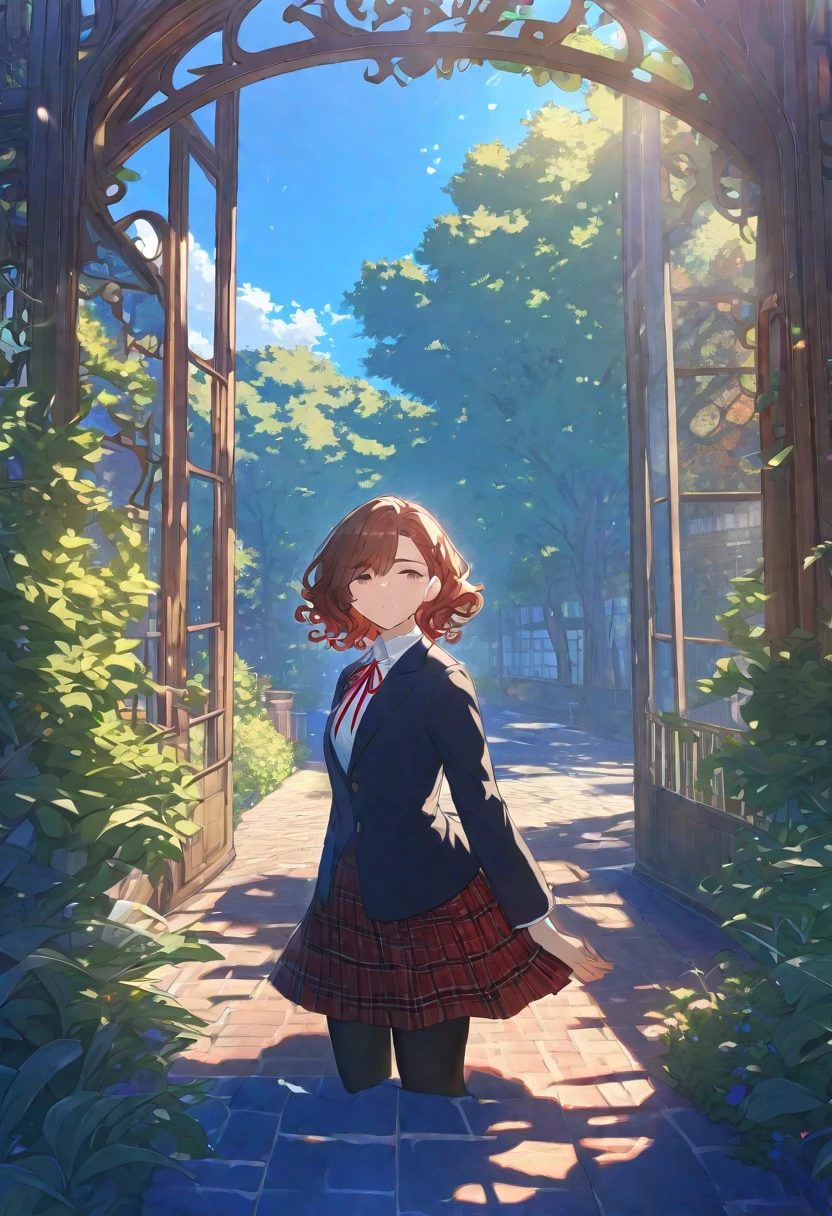 Masterpiece, hdr, bloom, 4k, Anime-style illustration featuring a beautiful female student, madokahiguchi, madoka_higuchi, short hair, dark brown hair, eyebrows hidden by hair, wavy hair, mole, mole under eye, brown eyes, minigirl, soft expression with large, slightly downturned eyes, giving her a calming and approachable aura, large breast, She is wearing a formal school uniform consisting of a black blazer, white shirt, red neck ribbon, red plaid skirt, and black pantyhose. reflecting her reserved but comforting personality, The background is a serene school courtyard during a sunny day, with trees, a blue sky, and soft sunlight filtering through, creating a peaceful and bright atmosphere. The style is detailed and vibrant, evoking a classic anime scene, cowboy shot, looking at viewer