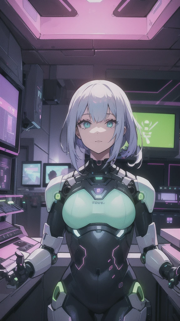 An android girl with robotic prothesis, in a neon future scene, spatial station