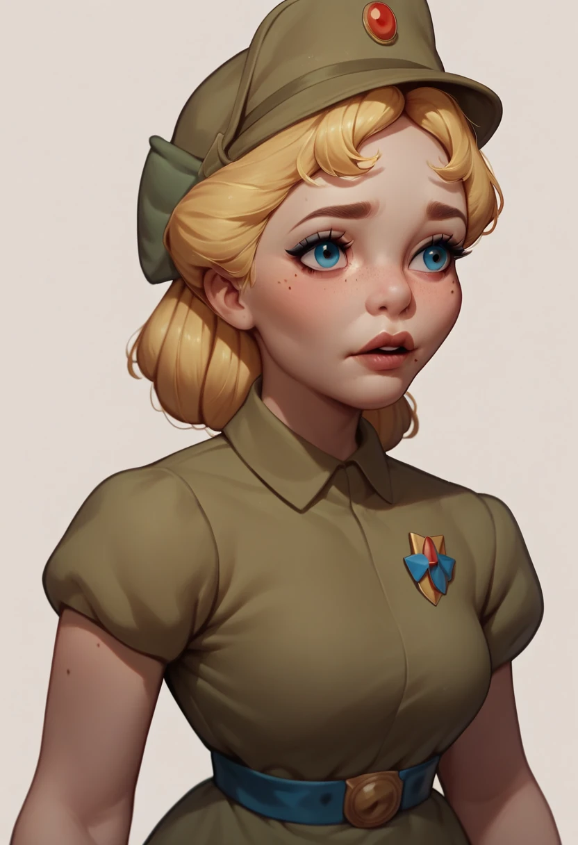 Classic Disney 2D cell animation, Teenage Wendy, olive imperialofficer uniform and hat, pale skin, blonde hair, freckled cheeks, little round breasts