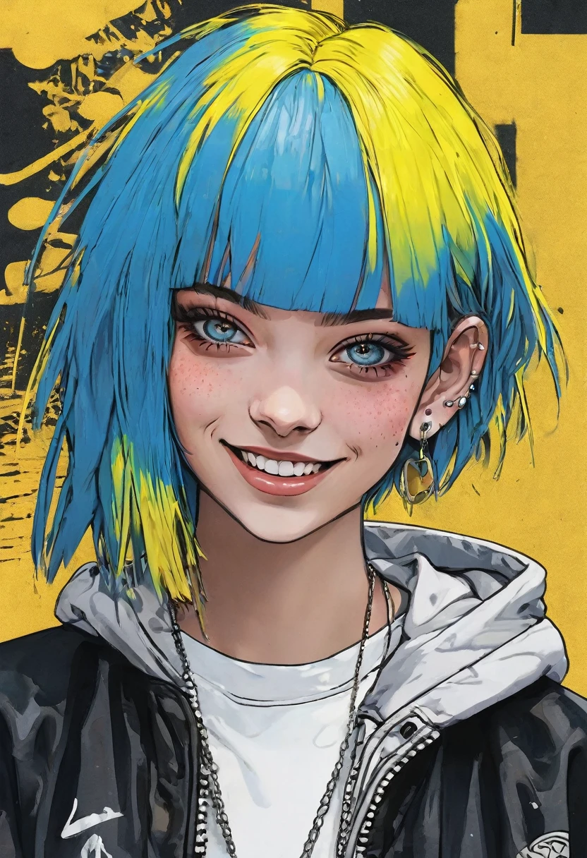 nime-style image inspired by ‘Villain’ with a single, androgynous character with short, light-blue hair, piercing yellow dragon eyes, and a mischievous smile. They wear loose, dark streetwear with neon graffiti in the background. Inspired by Kagechi’s gritty, high-contrast style with dramatic lighting and intense shadows. Art Style: Dark, gritty with sharp contrasts and edgy streetwear style