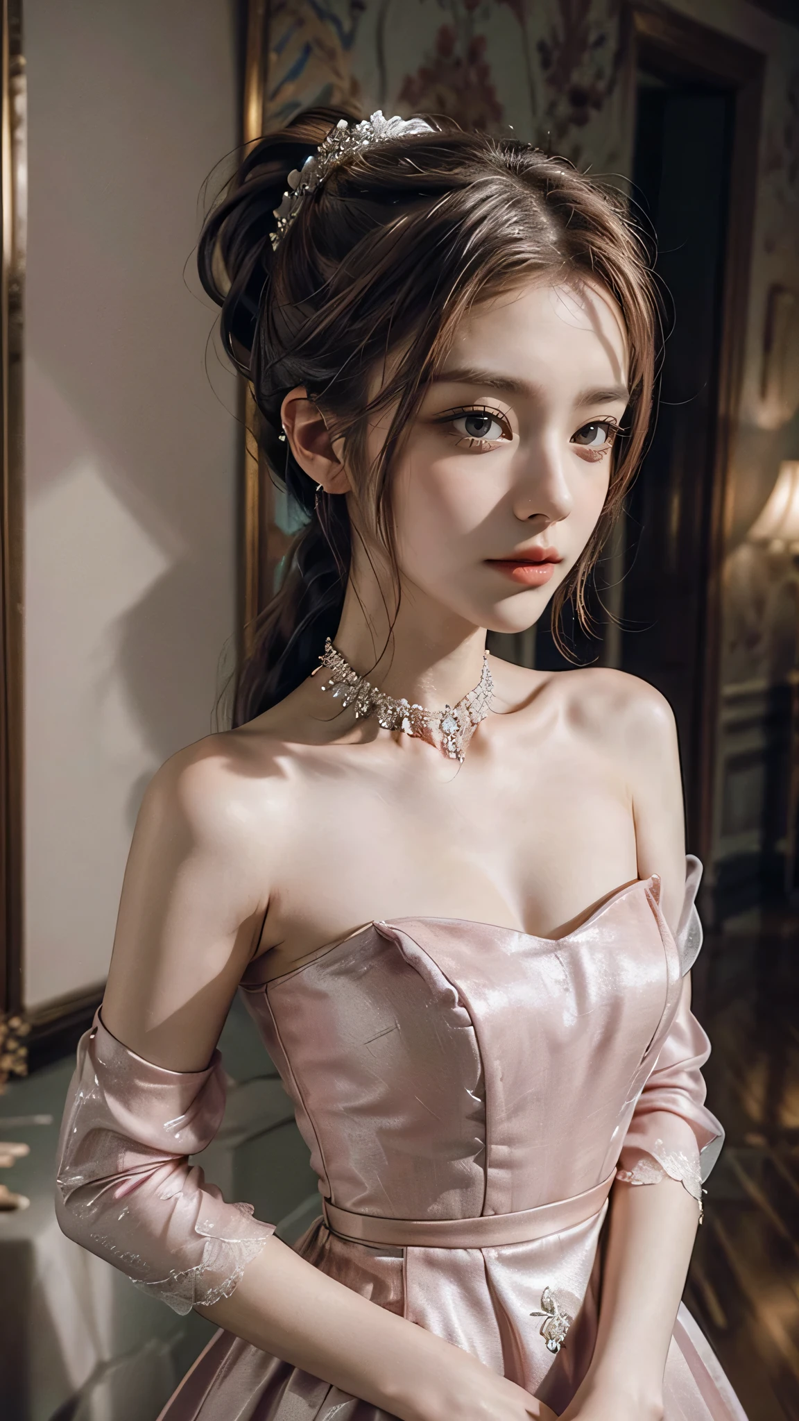 A close up of a woman in a pink dress posing for a picture - SeaArt AI