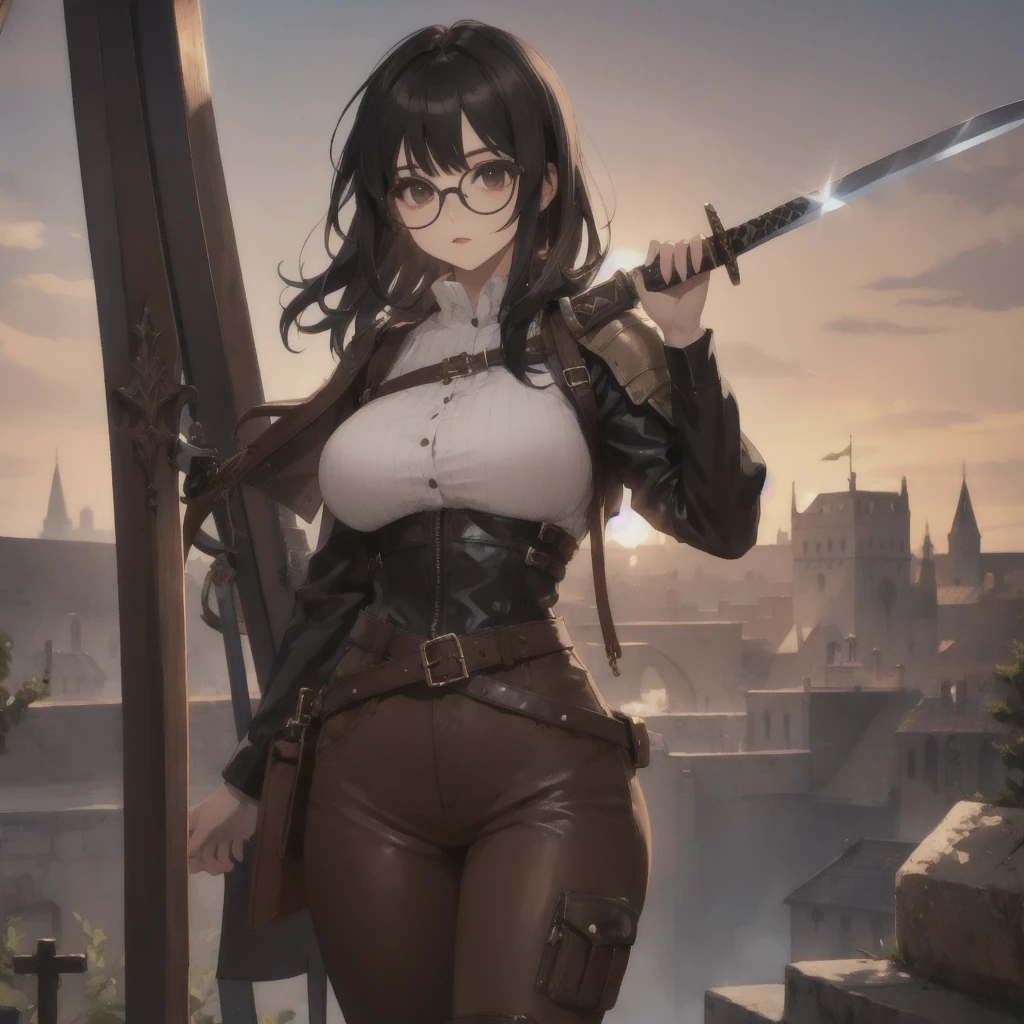 girl,  black hair , wearing glasses,  brown leather top ,  brown leather pants, boots,  Big breasts ,  medieval scenery ,  metal shoulder pads ,  leather strap , sword at the waist (At the hem ),
