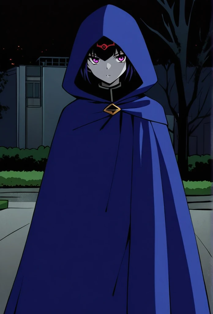 1girl, solo, raven (dc), purple eyes, purple hair, grey skin, forehead jewel, blue cape covering whole body, cape touches the ground. long blue cape, standing, night, park, hood covered head, Masterpiece, Best Quality, 