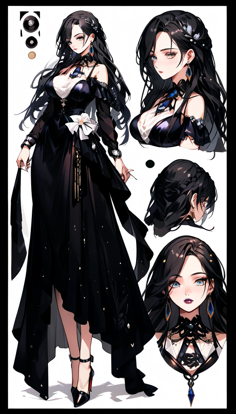 Large Breasts, ((Masterpiece, Top Quality, Very Detailed, High Resolution)), Alone, Beautiful Woman, Black Beautiful Long Hair, , Black White Gold Theme, 27 year old woman, 180cm, Elegant Gothic Dress, Lace .　Detail sheet Full body standing, beautiful legs, front, high heels, standing like a v-tube, character sheet.