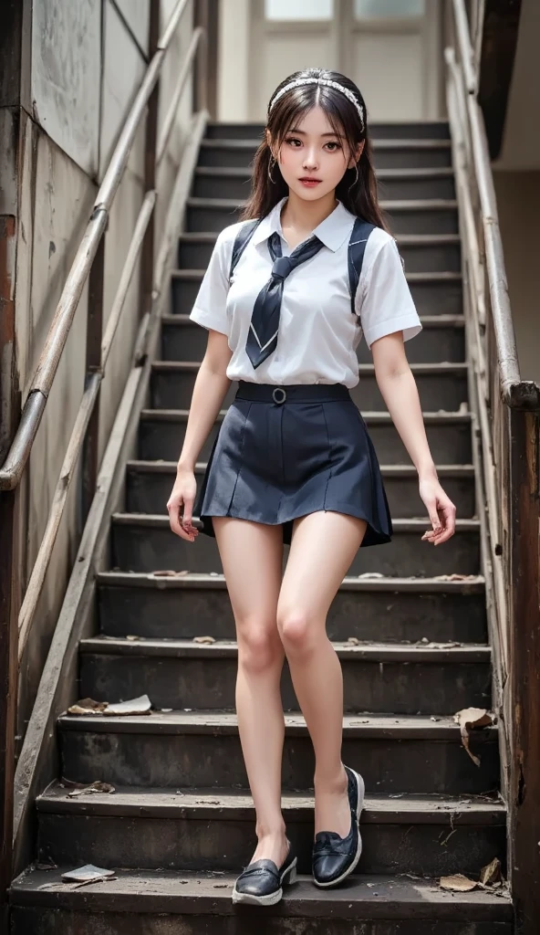 (best quality), (masterpiece), (highres), A photorealistic image of a slim Chinese woman in a mini skirt school uniform climbing a very old and dirty staircase. The perspective is from below, looking up, with a close-up focus on her legs and the texture of the staircase. Bright dynamic lighting emphasizes the contrast between her clothing and the grimy surroundings.  --ar 9:16 --v 5 --zoom 1.5,beautiful woman,explicit,Natural detailled skin,natural lighting,soft film grain,30mm Amateur photo