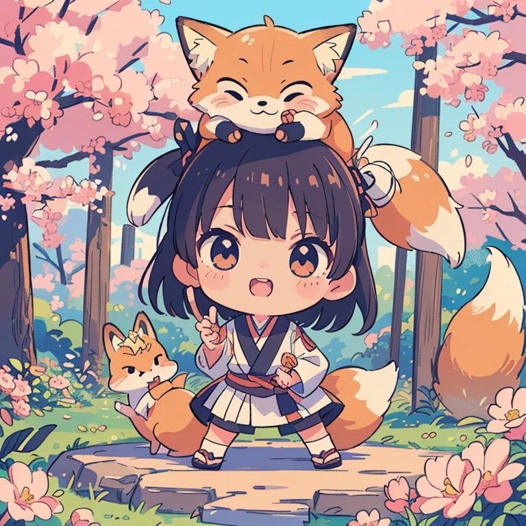  ((( masterpiece,original,  Virtual Idol ,  anime style, The personification of a fox, Chibi character, Ninja, Ninjaの額の鉢巻き, Shuriken:1.3))), 8k,  (((Best Quality))), ((Super detailed)), ((((Realistic)))),  Photo Real:1.37, (超Realistic), (Awareness-raising), ( Hi-Res), ( several people having fun with each other while having very detailed ), (The best ), (Super detailed), (wall), (  detail face ), (Beautiful expression), ((詳細 Best Qualityのスキン:1.2)), ((Reddish flush)), (Super detailedな背景,  detailed background ), At a park where cherry blossoms are in full bloom , ((Be careful when drawing your fingers :1.2))