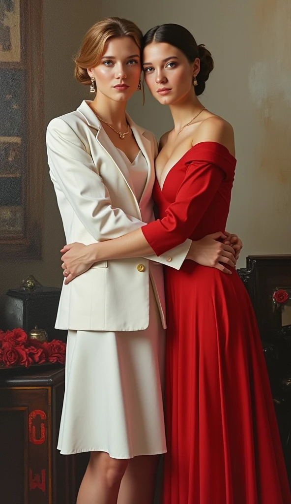 


Next 007 movie, Gothic letter "Rising the 007" written in large Red decoration letters at the bottom of the screen, Front view, 2 female hug , 1 mother and  daughter is different face,  , bond girl is  Lea Seydoux,  French woman,  mother is golden hair, chignon,  natural make, gold neckless and earring, standing pose,  white blouse , chic White Jacket and White middle skirt,  black Hermes Hi-heal , 1 daughter is black hair, buzz cut, elegant Red dress,  back  wall put Daniel Craig oil paint Art,  in Scotland home,  (super detail, high details, high quality, accurate, anatomically correct, textured skin, beautiful fingers super detail, high details, high quality, best quality)