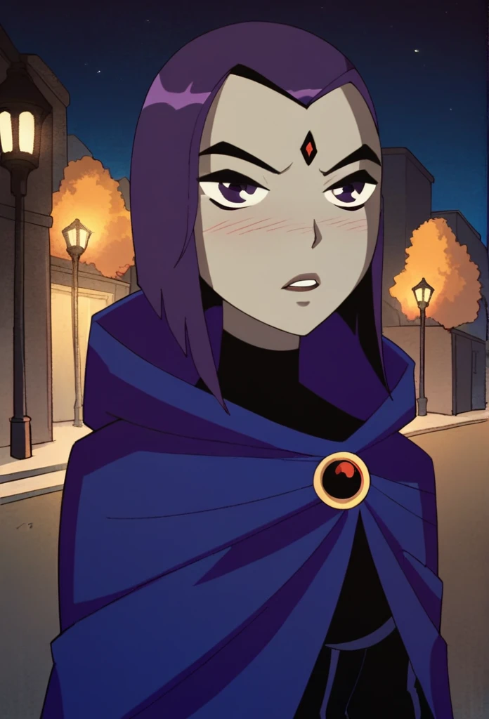 1girl, solo, raven (dc), purple eyes, purple hair, grey skin, forehead jewel, blue cape covering whole body, cape touches the ground. long blue cape, standing, night, park, hood covered head, Masterpiece, Best Quality, 