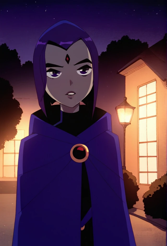 1girl, solo, raven (dc), purple eyes, purple hair, grey skin, forehead jewel, blue cape covering whole body, cape touches the ground. long blue cape, standing, night, park, hood covered head, Masterpiece, Best Quality, 