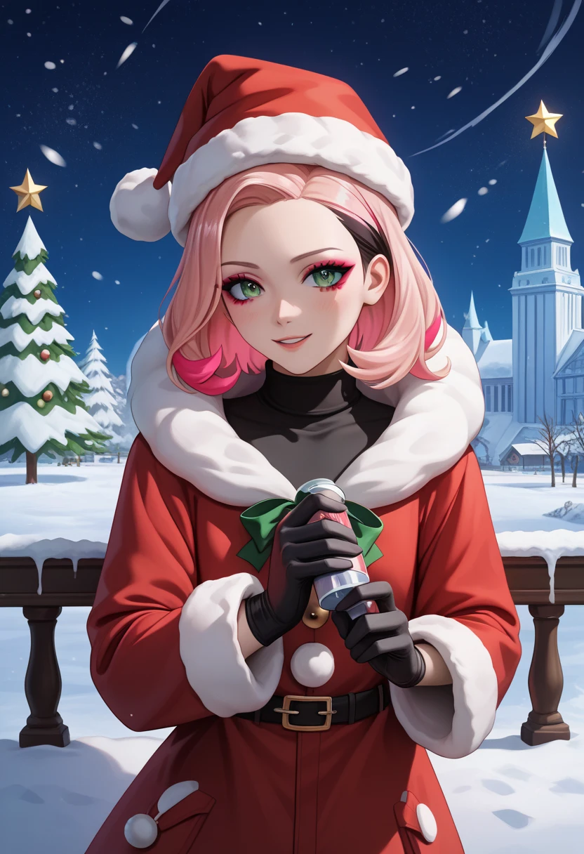 (masterpiece, best quality:1.2), (absurdres, highres, ultra-detailed), (perfect anatomy), 1 Japanese woman, 22yo,beautiful eyes00 , ((multicolored hair , dark pink hair, pink hair, light pink hair)), medium hair, green eyes, (wearing (Xmas,
santa costume, santa hat, black turtleneck no sleeve sweater, santa long coat, Shiny glossy black plastic gloves, Shiny glossy black plastic knee-high boots)), zettai ryouiki, Sexy look, ,blash, (makeup:1.1) , Xmastree,Night City,Snow,wind,with (Pokémon Mimikyu), (8K, RAW photo:1.2), detailed face and eyes,intricate detail ,masterpiece ,sharp focus, high quality,BREAK