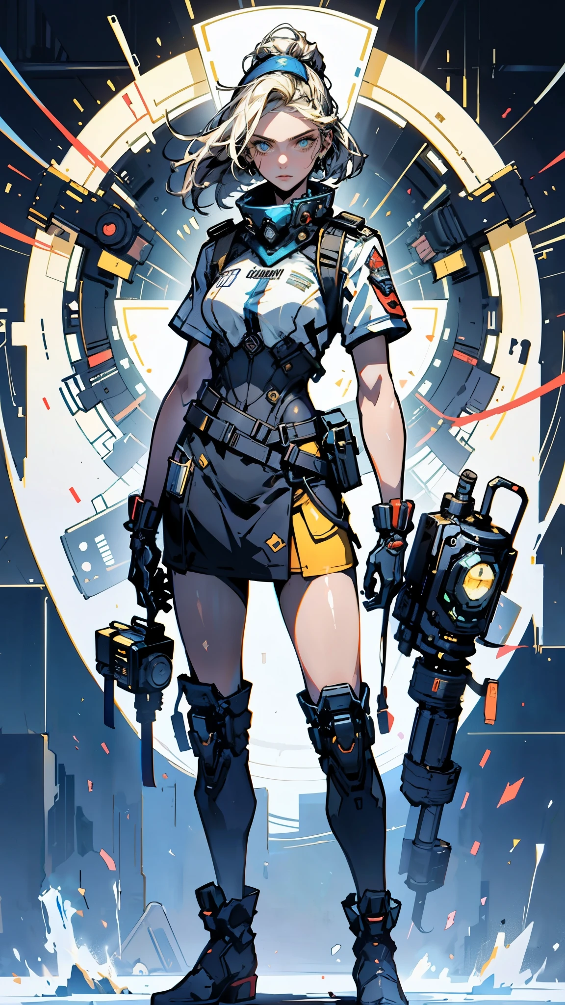 (masterpiece:1.2, best quality:1.2, extremely delicate:1.2), ((Alexandra Daddario:1.2)), a girl with short light golden hair, a metal headband on her forehead, icy gaze, detached expression, smooth and exquisite facial appearance, perfect body, perfect skin, porcelain skin, pale skin, sci-fi military uniform, short sleeves, gloves, short skirt integrated with the outfit, dark fitted pants, knee-high military boots, the color scheme is primarily White with Blue and Yellow accents, surrounded by AR virtual interfaces, standing in a futuristic sci-fi-styled room, this character embodies a finely crafted futuristic sci-fi female officer in anime style, exquisite and mature art style, exquisite photography, Photo realism, photorealistic, even and soft lighting on face, dramatic, high definition, highres, ultra-detailed, ultra-fine painting, professional, perfect body proportions, anatomically correct, symmetrical face, extremely detailed eyes and face, high quality eyes, creativity, RAW photo, UHD, 32k, portrait lighting, Natural light, cinematic lighting, (masterpiece-anatomy-perfect:1.2)