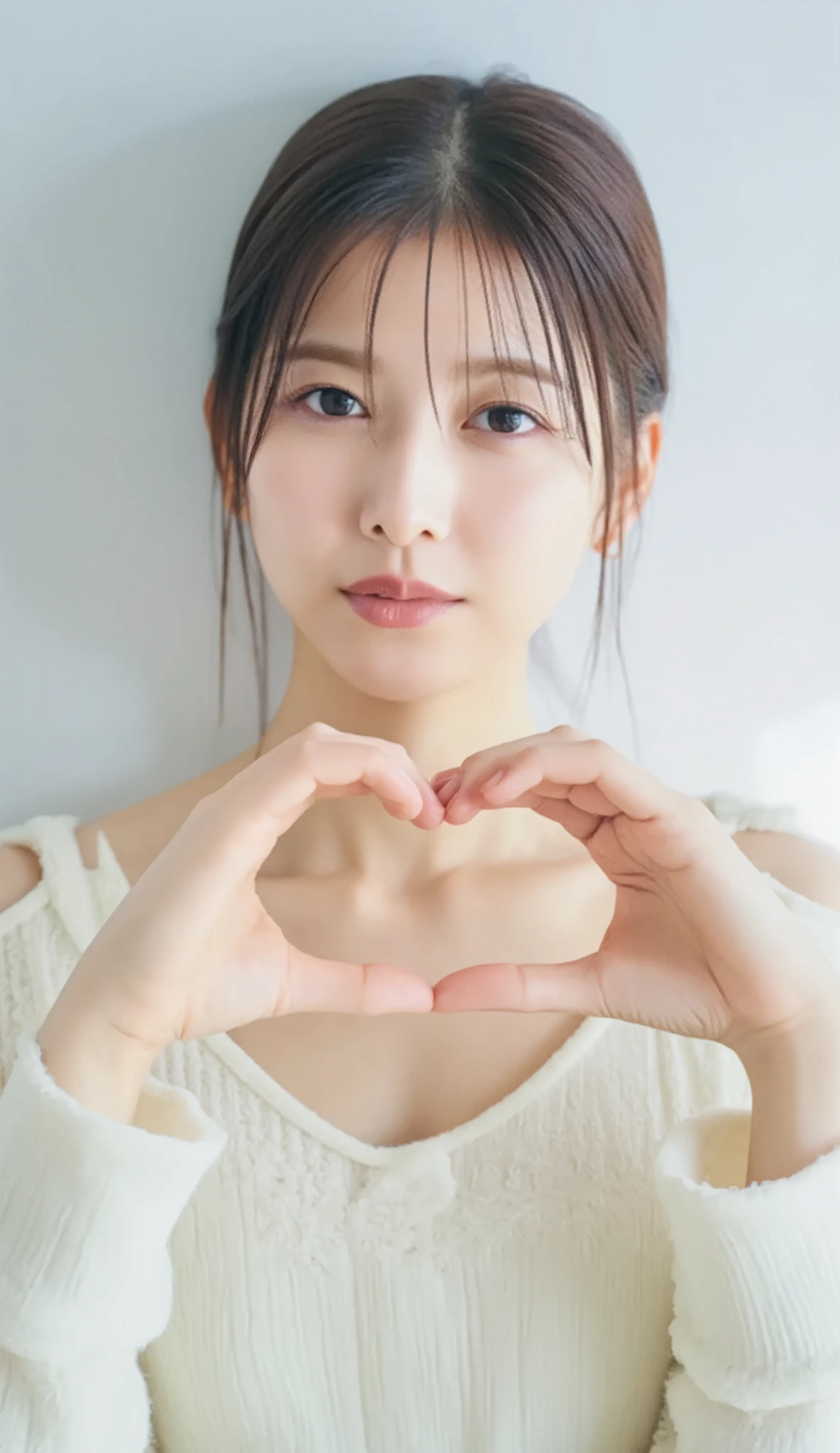 Only one woman with a cute smile wears cute, fluffy off-shoulder pajamas, makes a big heart shape with both hands, and poses them in front of her chest, View above collarbone、The background is a monotone 

