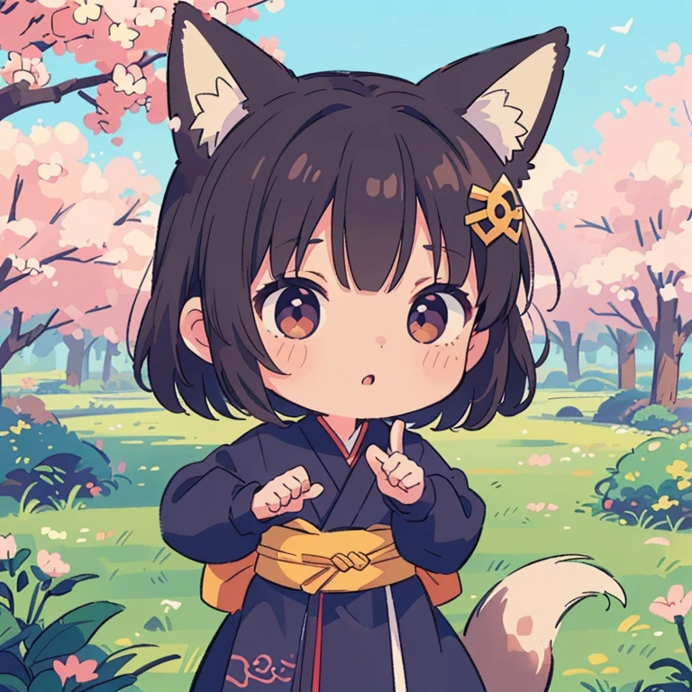  ((( masterpiece,original,  Virtual Idol ,  anime style, The personification of a fox, Chibi character, Ninja, Ninjaの額の鉢巻き, Shuriken:1.3))), 8k,  (((Best Quality))), ((Super detailed)), ((((Realistic)))),  Photo Real:1.37, (超Realistic), (Awareness-raising), ( Hi-Res), ( several people having fun with each other while having very detailed ), (The best ), (Super detailed), (wall), (  detail face ), (Beautiful expression), ((詳細 Best Qualityのスキン:1.2)), ((Reddish flush)), (Super detailedな背景,  detailed background ), At a park where cherry blossoms are in full bloom , ((Be careful when drawing your fingers :1.2))