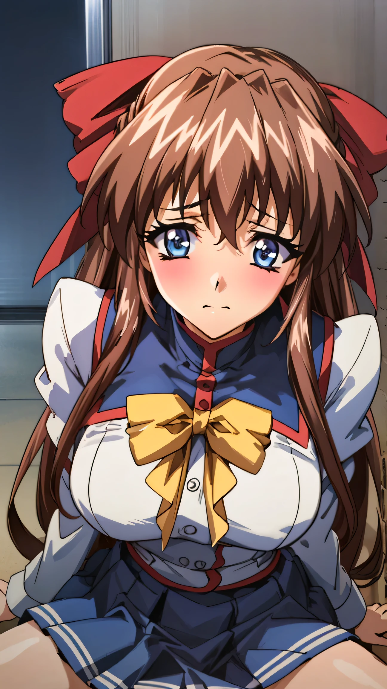 learn, one girl , Alone, hair bow, , Long Sleeve , Bow tie, blue skirt, white knee-length socks, viewer, embarrassed face、、fellatio 1 penis Looking up s spreads legs