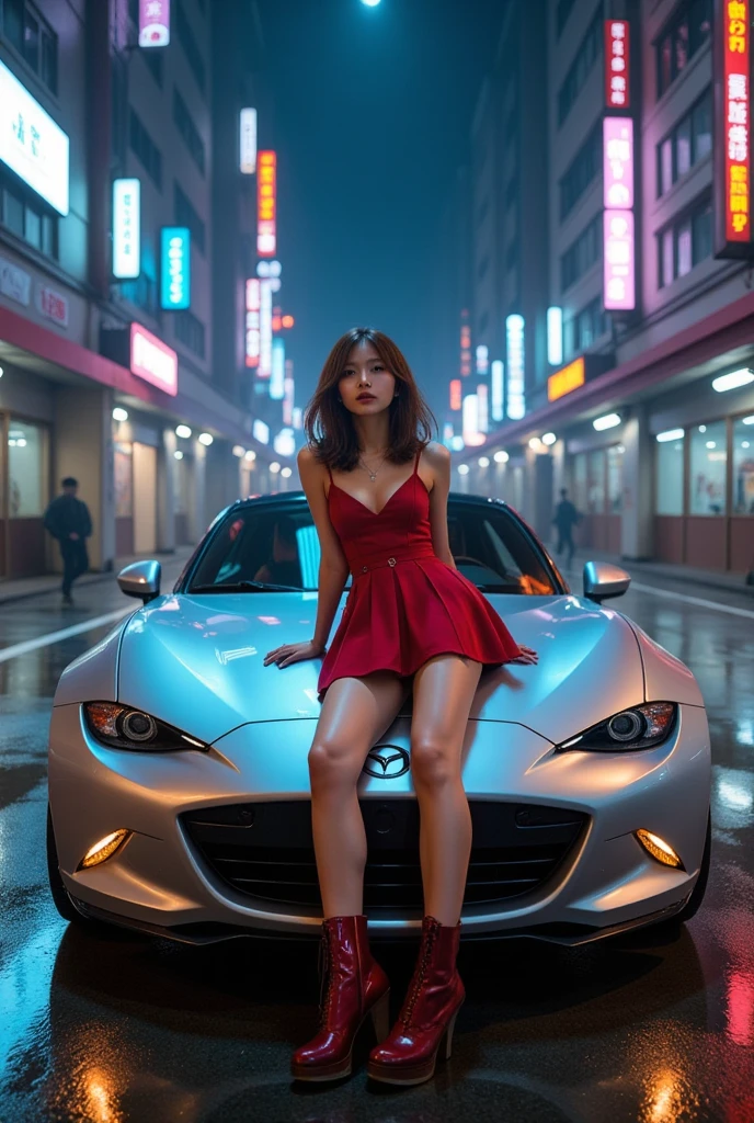  MAZDA roadster ND :1.331,  silver metallic color , Take a picture of the car from behind ,  beautiful short Japanese woman parked in a large parking lot , hazard lamp , Woman leaning back on the hood ,  beautiful short Japanese woman in a red mini dress:1.331, 150 cm tall woman ,  hair that flutters like,  Cyberpunk City, building, Neon Signs, Station, 真夜中の Cyberpunk Cityのパーキングエリア ,