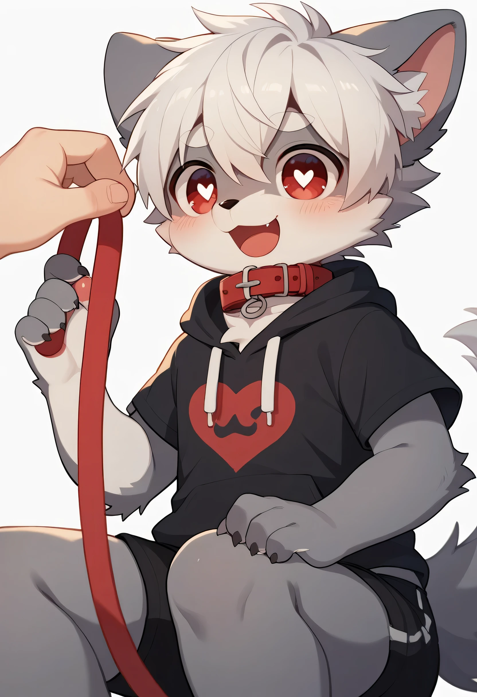  very detailedな, very detailed, white hair with brown fur ,******,male, excited to see bones , wolf fur,Excited,participate, cute face, fluffy fur like one,Horny boy,Red collar,cute ears ,Fluffy Ears ,Fluffy Ears ,Show your legs,Show me a paw , holding a red collar and string in his hand, cute fur boy , boy, heart eyes,Horny boy , black back ,White background, blush nose ,Alone,Droopy ears, black shorts, Black Short Sleeve Hoodie 