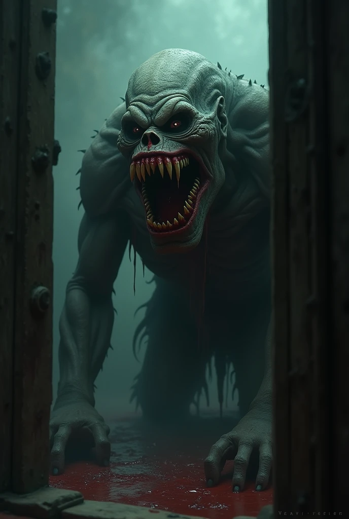 Abandoned cruise ship view from inside, FIRST PERSON PERSPECTIVE, Room with Brute Monster with Doll Head Psychopathic Smile