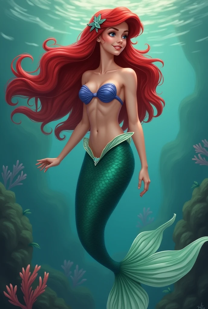 Full length photo shot, Ariel , young female, large muscles, intricately detailed, hyper realistic, dramatic lighting, soft shading, beautiful highly detailed face, concept fantasy, character design high octane, octane render, DSLR super resolution, dramatic lighting, under water in Atlantis, mermaid tail for legs --auto