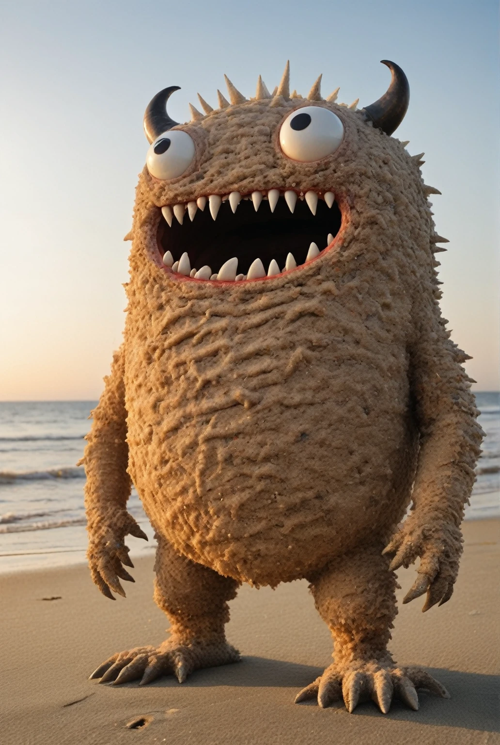 A funny monster, on a beach, sea,horizontal line, sunrise,Asahi,Winter Morning, sandy beach