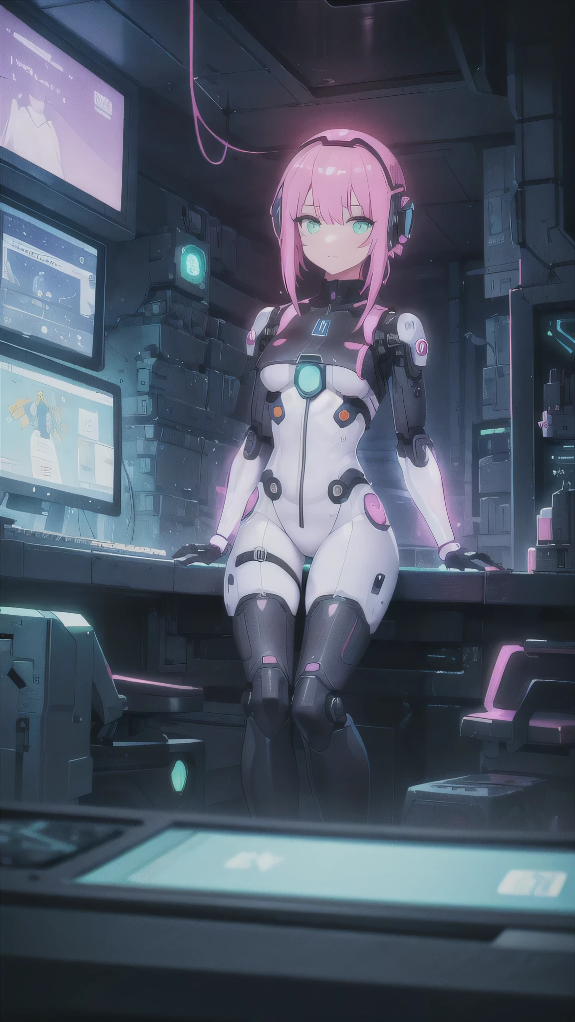 An android girl with robotic prothesis, in a neon future scene, repairing something in a spatial station