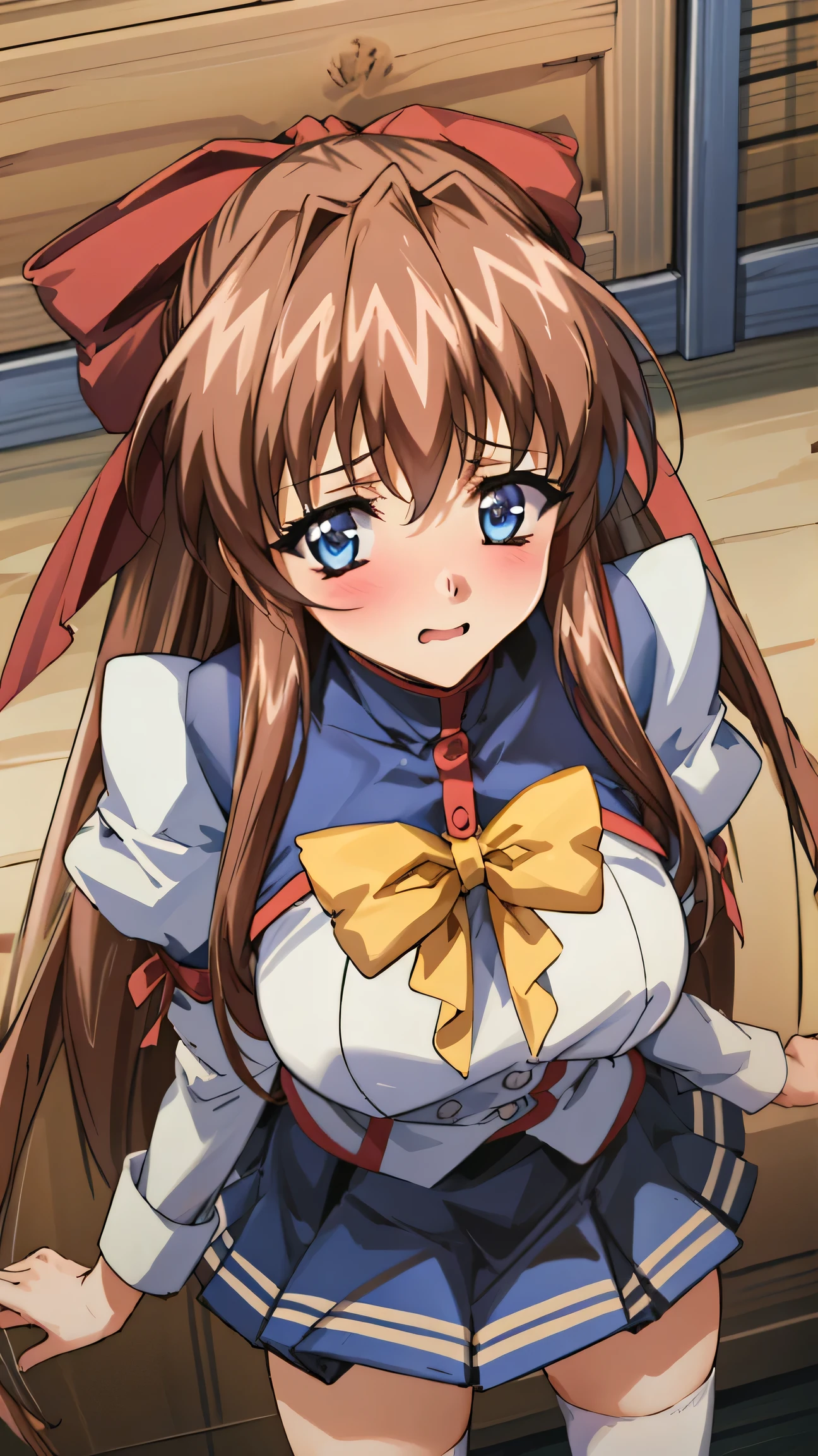 learn,nffsw one girl, Alone, hair bow, , Long Sleeve , Bow tie, blue skirt, white knee-length socks, viewer, embarrassed face、、fellatio 1 penis Looking up