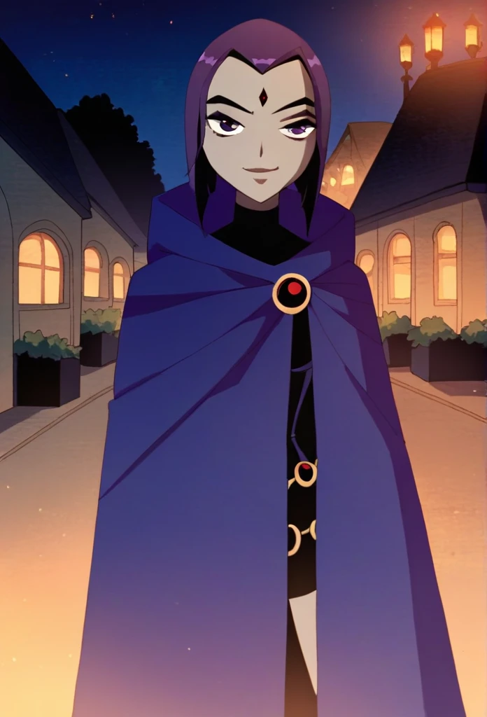 1girl, solo, raven (dc), purple eyes, purple hair, smile, grey skin, forehead jewel, blue cape covering whole body, cape touches the ground. long blue cape, standing, night, park, hood covered head, Masterpiece, Best Quality, 