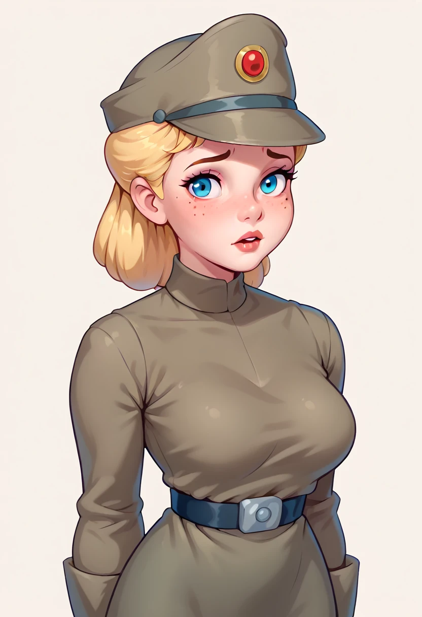 Classic Disney 2D cell animation, Teenage Wendy, olive imperialofficer uniform and hat, pale skin, blonde hair, freckled cheeks, little round breasts