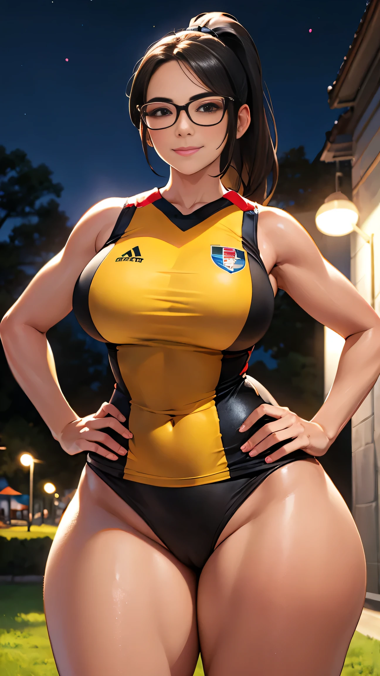 (1woman), (mature female), (milf), (solo), (black eyes), (black hair), (ponytail), (glasses), ((cinnamon skin)), ((latina face)), ((perfect body)), (neat figure), ((wide hips)), ((thick thighs)), (large breasts), (nice perfil ass), ((básquetbol uniform)), ((park)), (at night), (standing), (hand on hip), ((looking at viewer)), ((tired expresión)), (litte smile), ((relaxed eyes)), (best quality), (high quality), (Super Detailed), (UHD).