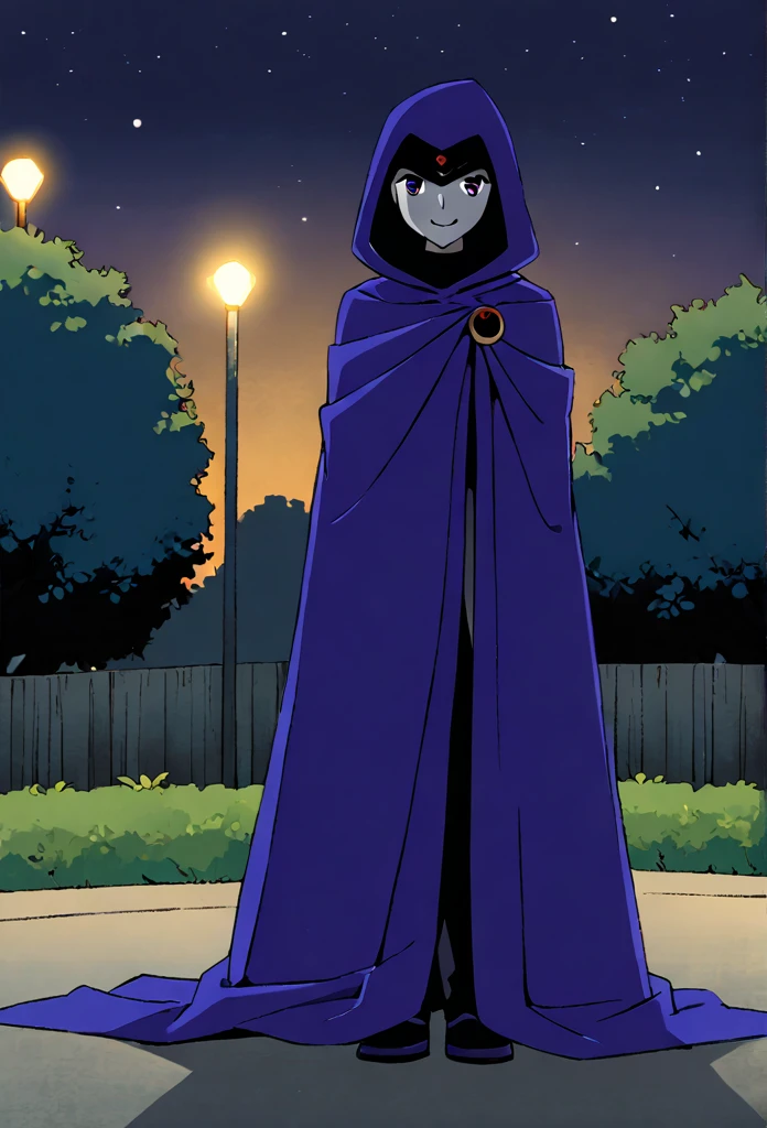 1girl, solo, raven (dc), purple eyes, purple hair, smile, grey skin, forehead jewel, blue cape covering whole body, cape touches the ground. long blue cape, standing, night, park, hood covered head, Masterpiece, Best Quality, 