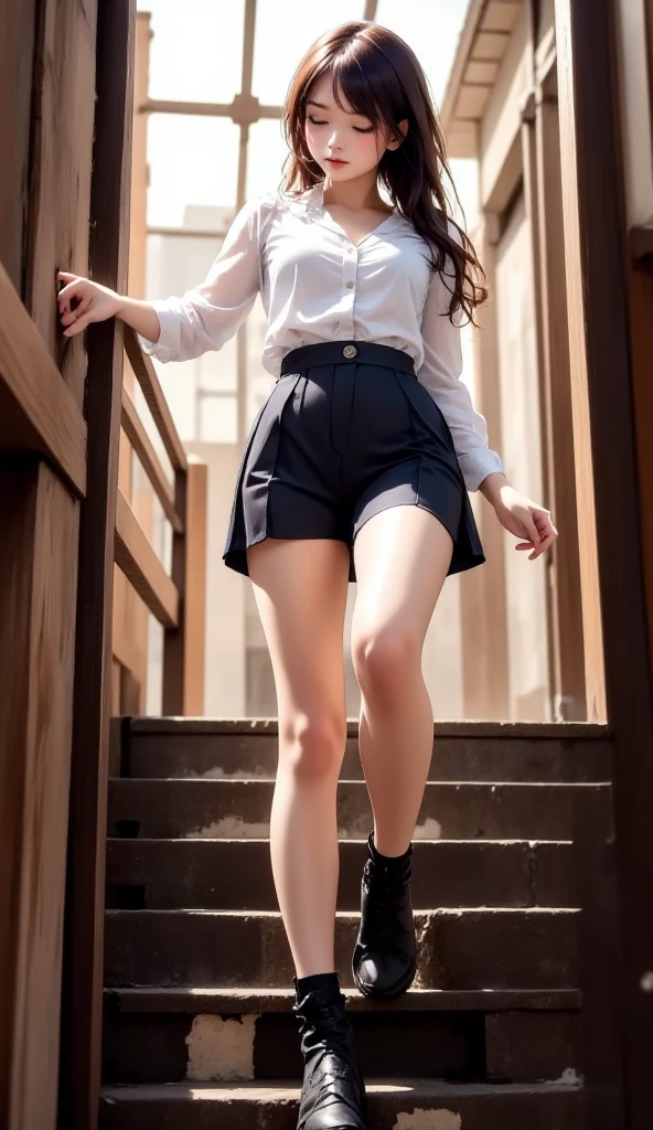 (best quality), (masterpiece), (highres), A photorealistic image of a slim Chinese woman in a mini skirt school uniform climbing a very old and dirty staircase. The perspective is from below, looking up, with a close-up focus on her legs and the texture of the staircase. Bright dynamic lighting emphasizes the contrast between her clothing and the grimy surroundings. --ar 9:16 --v 5 --zoom 1.5,beautiful woman,explicit,Natural detailled skin,natural lighting,soft film grain,30mm Amateur photo