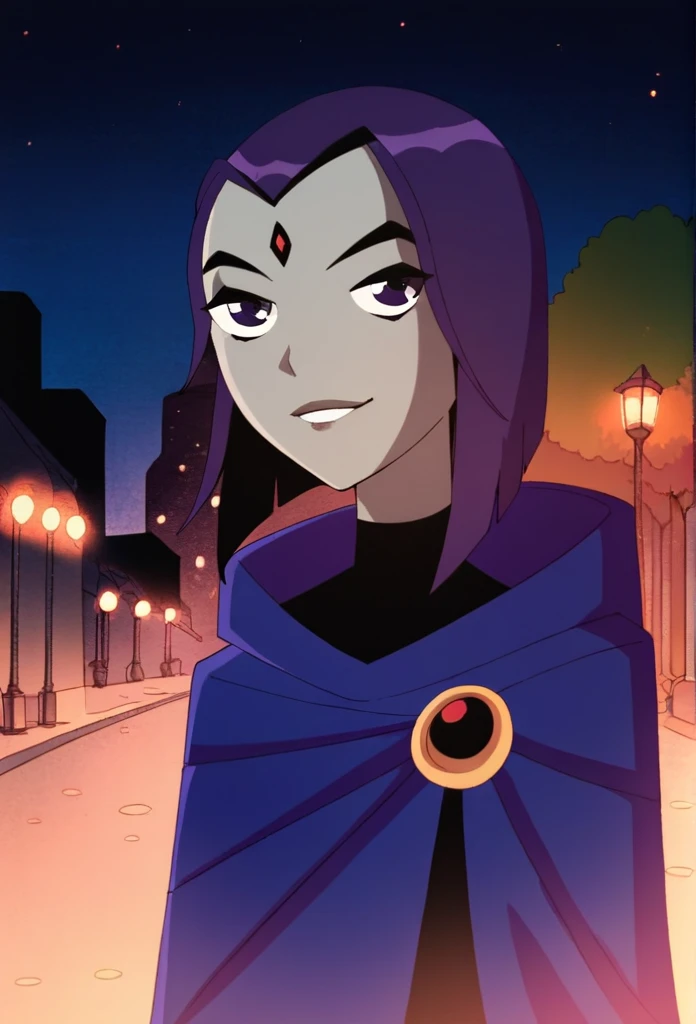 1girl, solo, raven (dc), purple eyes, purple hair, smile, grey skin, forehead jewel, blue cape covering whole body, cape touches the ground. long blue cape, standing, night, park, hood covered head, Masterpiece, Best Quality, 