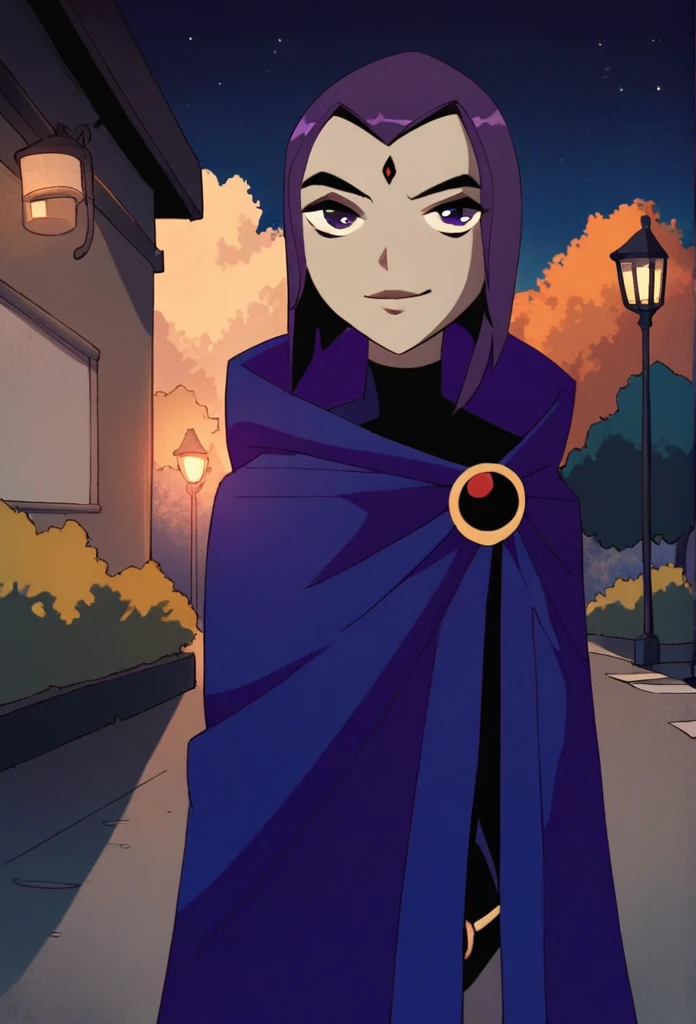 1girl, solo, raven (dc), purple eyes, purple hair, smile, grey skin, forehead jewel, blue cape covering whole body, cape touches the ground. long blue cape, standing, night, park, hood covered head, Masterpiece, Best Quality, 