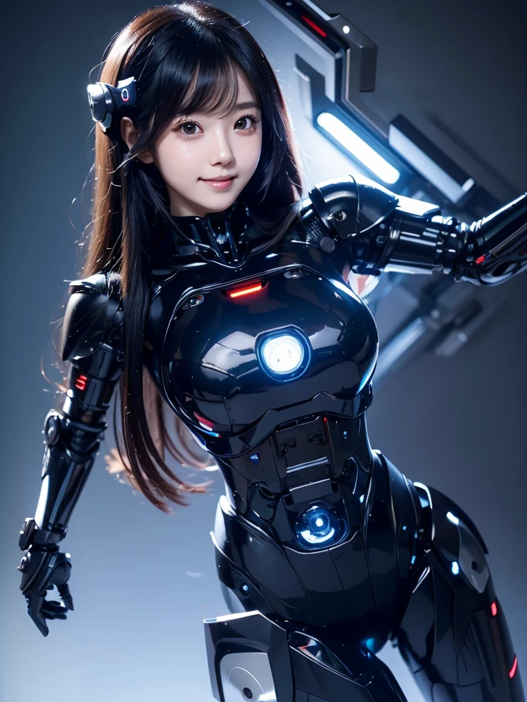 Japanese female android, cute face, smile, black long hair, black robot suit, black mechanical part, black cyborg joint, full body, plain background