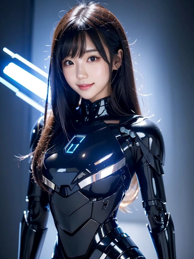 Japanese female android, cute face, smile, black long hair, black robot suit, black mechanical part, black cyborg joint, full body, plain background